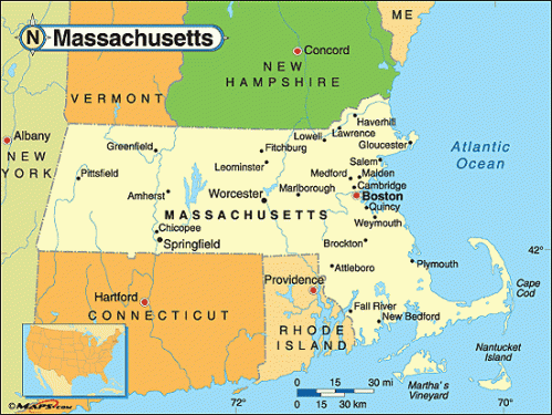 Peta letak wilayah yang disebut sebagai Massachusetts Bay Colony sekarang ini.