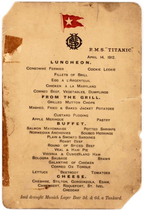 Menu mewah makan siang yang ada di dalam restoran kapal Titanic.