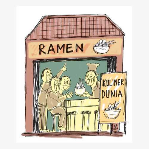 Ramen masakan khas Mie Jepang mendapat sebuah bintang dari Michelin Guide. Penggemar ramen cukup banyak, kendati harganya tidak murah. Semangkon ramen setara Rp 100.000 hingga Rp 140.000. Ilustrasi : Handining.