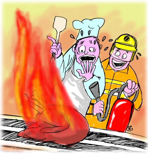 Demo memasak daging kalkun dengan jenis minyak dan suhu panas yang salah ukurannya. Ilustrasi Handining.