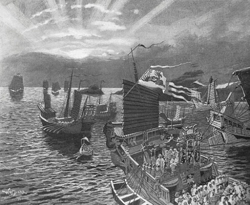 Ilustrasi, armada kapal perang Kubilai Khan dari Mongol saat berlayar di Laut Jawa dalam perjalanan menyerbu pasukan Kertanegara.