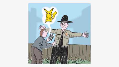 Sheriff merentangkan kedua tangannya melarang pemain Pokemon masuk ke wilayahnya. Ilustrasi Handining.